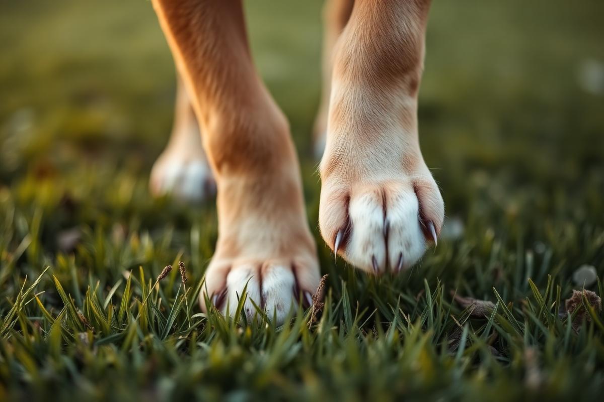 A dog's paws walking on green grass